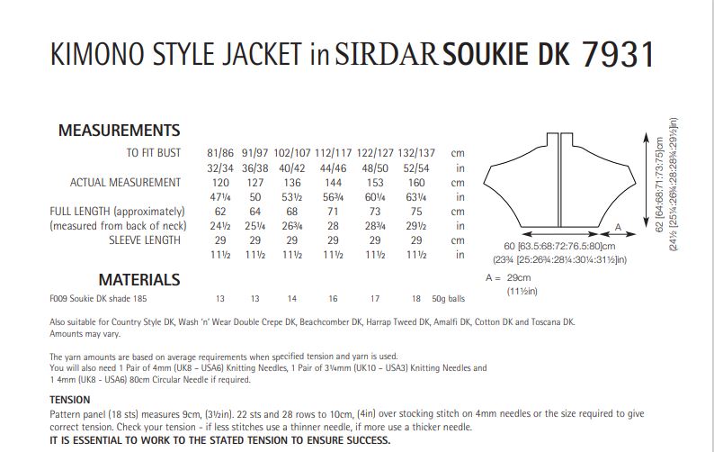 Sirdar 7931 Kimono Style Jacket in Soukie DK (PDF) Knit in a Box