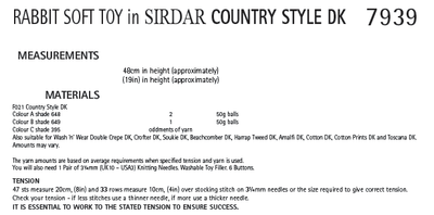 Sirdar 7939 Rabbit Soft Toy in Country Style DK (PDF) Knit in a Box