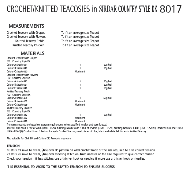 Sirdar 8017 Crochet/Knitted Teacosies in Country Style DK (PDF) Knit in a Box