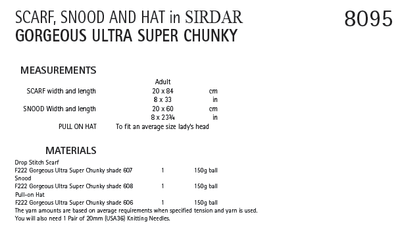 Sirdar 8095 Scarf, Snood and Hat in Gorgeous Ultra Super Chunky (PDF) Knit in a Box