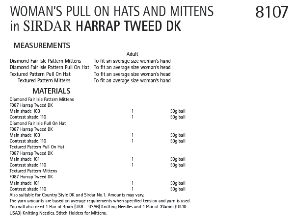 Sirdar 8107 Woman´s Pull on Hats and Mittens in Harrap Tweed DK (PDF) Knit in a Box