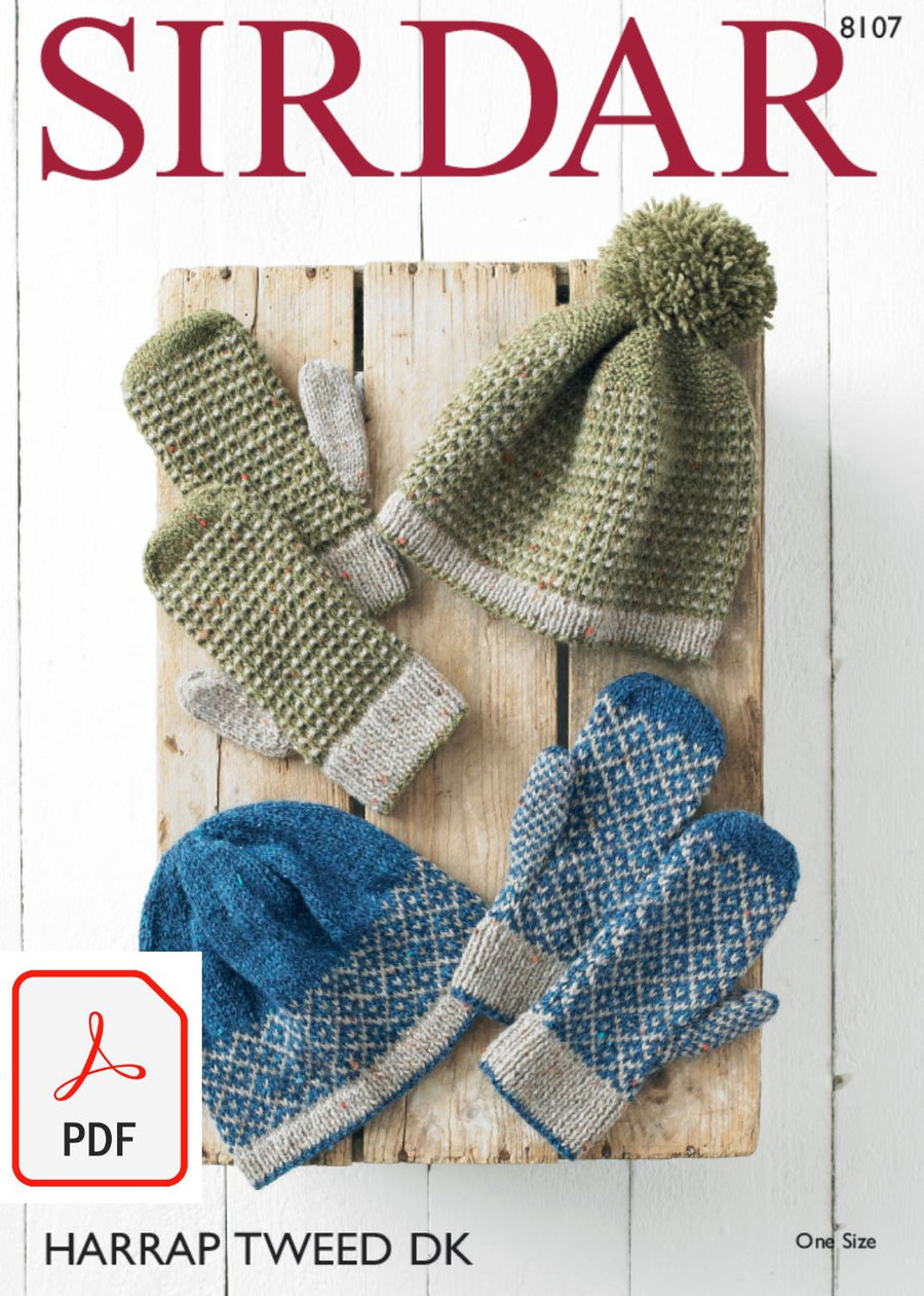 Sirdar 8107 Woman´s Pull on Hats and Mittens in Harrap Tweed DK (PDF) Knit in a Box 