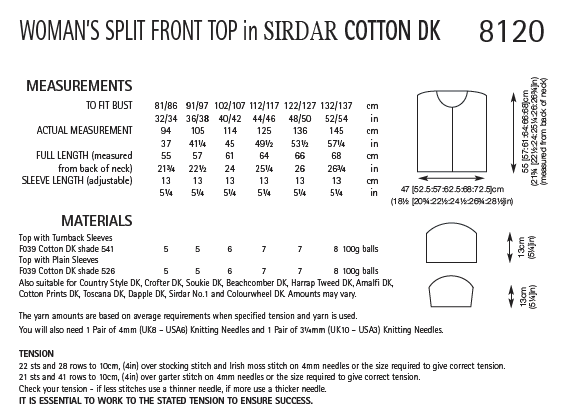 Sirdar 8120 Woman´s Split Front Top in Cotton DK (PDF) Knit in a Box