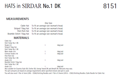 Sirdar 8151 Hats in No.1 DK (PDF) Knit in a Box