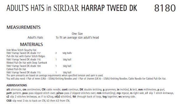 Sirdar 8180 Adult´s Hat in Harrap Tweed DK (PDF) Knit in a Box