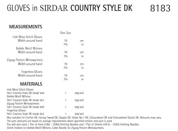 Sirdar 8183 Gloves in Country Style DK (PDF) Knit in a Box