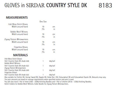 Sirdar 8183 Gloves in Country Style DK (PDF) Knit in a Box