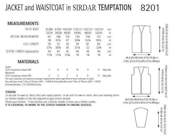Sirdar 8201 Jacket and Waistcoat in Temptation (PDF) Knit in a Box