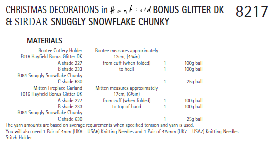 Sirdar 8217 Christmas Decorations in Bonus Glitter DK and Sirdar Snuggly Snowflake Chunky(PDF) Knit in a Box
