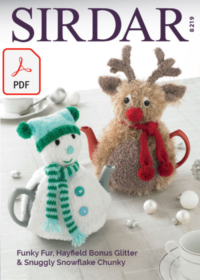 Sirdar 8219 Teacosies in Snuggly Snowflake Chunky, Funny Fur and Hayfield Bonus Glitter DK (PDF) Knit in a Box