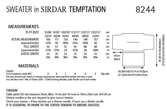 Sirdar 8244 Ladies Sweater in Sirdar Temptation (PDF) Knit in a Box