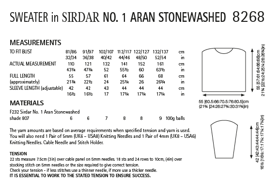 Sirdar 8268 Ladies Sweater in Sirdar No.1 Aran Stonewashed (PDF) Knit in a Box