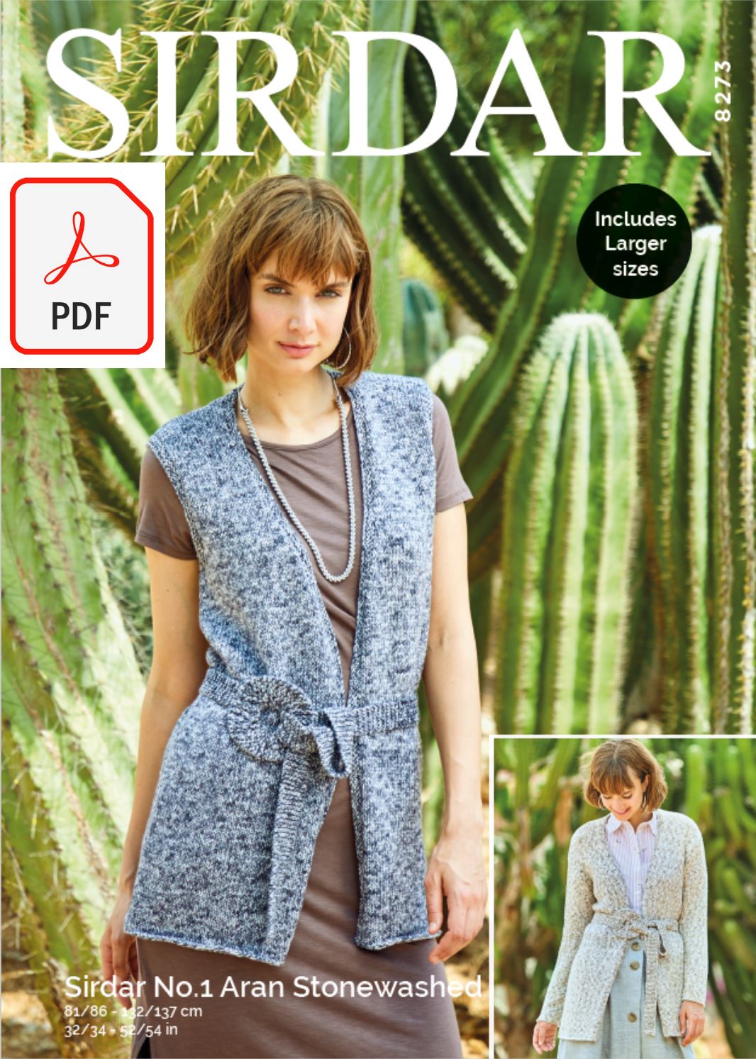 Sirdar 8273 Ladies Cardigan & Waistcoat in Sirdar No.1 Aran Stonewashed (PDF) Knit in a Box