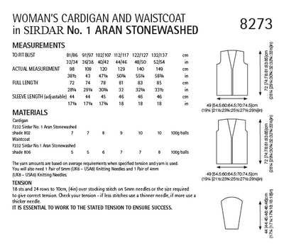 Sirdar 8273 Ladies Cardigan & Waistcoat in Sirdar No.1 Aran Stonewashed (PDF) Knit in a Box