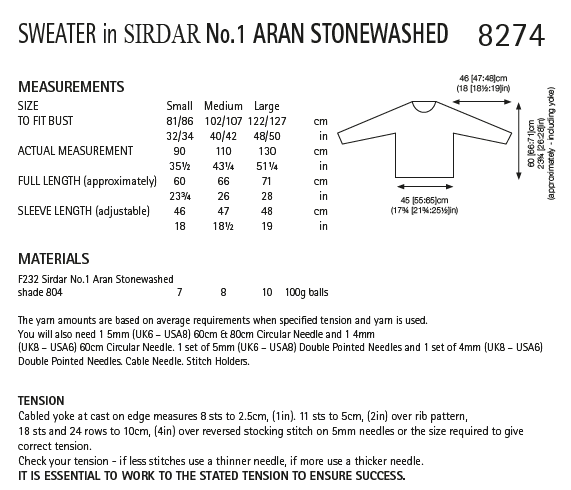 Sirdar 8274 Ladies Sweater in Sirdar No.1 Aran Stonewashed (PDF) Knit in a Box