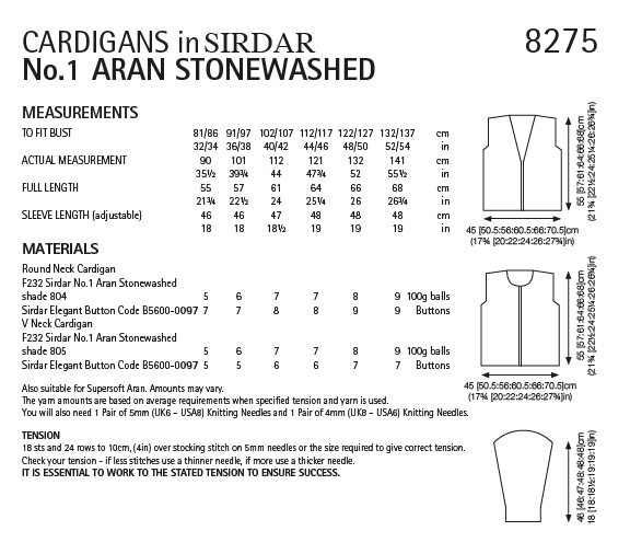 Sirdar 8275 Ladies Cardigans in Sirdar No.1 Aran Stonewashed (PDF) Knit in a Box