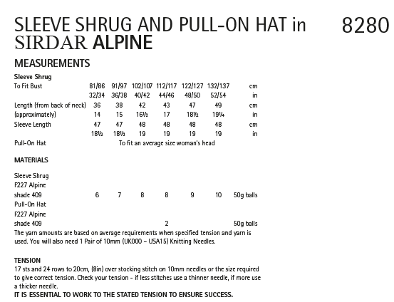 Sirdar 8280 Sleeve Shrug & Pull-On Hat in Sirdar Apline (PDF) Knit in a Box