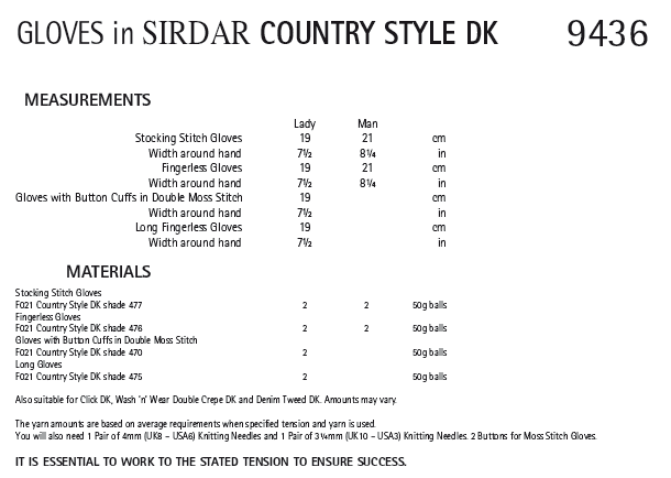 Sirdar 9436 Gloves in Country Style DK (PDF) Knit in a Box