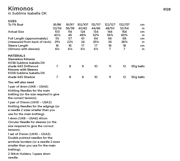 Sirdar Sublime 6128 Ladies Kimonos in Sublime Isabella DK (PDF) Knit in a Box