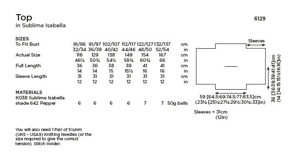 Sirdar Sublime 6129 Ladies Top in Sublime Isabella DK (PDF) Knit in a Box