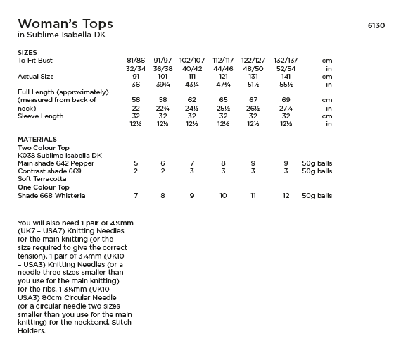 Sirdar Sublime 6130 Ladies Tops in Sublime Isabella DK (PDF) Knit in a Box