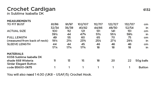 Sirdar Sublime 6132 Ladies Crochet Cardigan in Sublime Isabella DK (PDF) Knit in a Box