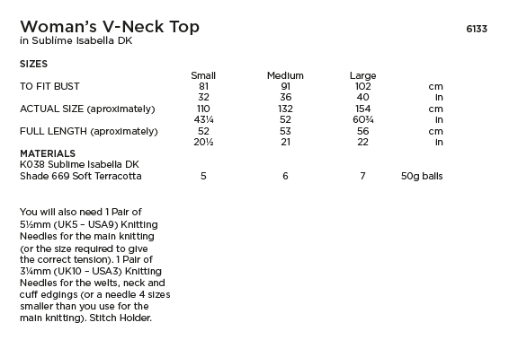 Sirdar Sublime 6133 Ladies V Neck Top in Sublime Isabella DK (PDF) Knit in a Box