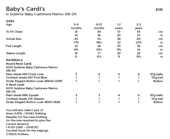 Sirdar Sublime 6135 Baby's Cardigans in Baby Cashmere Merino Silk DK (PDF) Knit in a Box