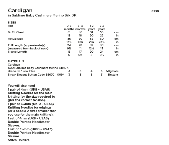 Sirdar Sublime 6136 Baby's Cardigan in Baby Cashmere Merino Silk DK (PDF) Knit in a Box
