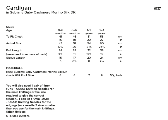 Sirdar Sublime 6137 Baby's Cardigan in Baby Cashmere Merino Silk DK (PDF) Knit in a Box