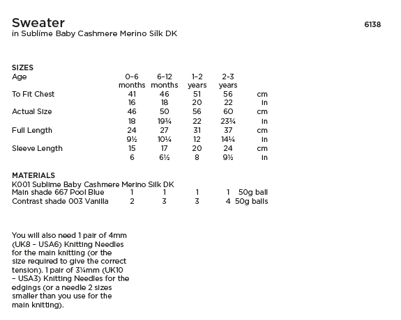 Sirdar Sublime 6138 Baby's Sweater in Baby Cashmere Merino Silk DK (PDF) Knit in a Box