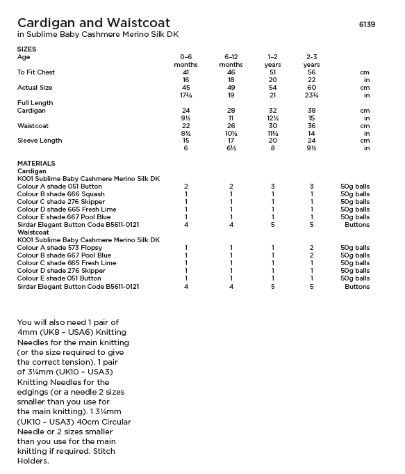 Sirdar Sublime 6139 Baby's Cardigan & Waistcoat in Baby Cashmere Merino Silk DK (PDF) Knit in a Box