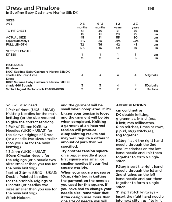 Sirdar Sublime 6141 Baby's Dress & Pinafore in Baby Cashmere Merino Silk DK (PDF) Knit in a Box