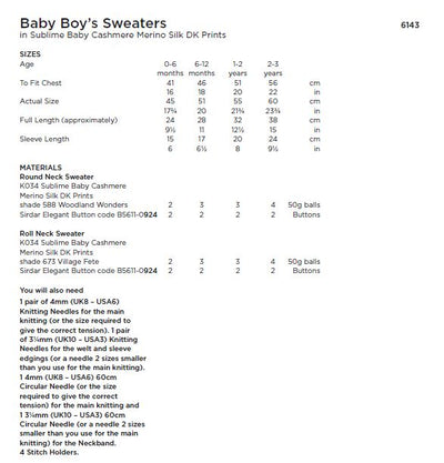 Sirdar Sublime 6143 Baby Boy's Sweaters in Baby Cashmere Merino Silk DK Prints (PDF) Knit in a Box