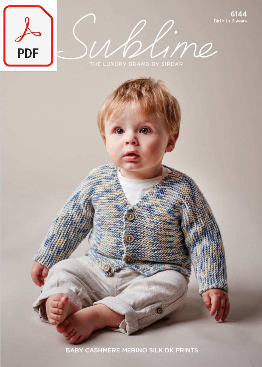 Sirdar Sublime 6144 Baby Boy's V Neck Cardigan in Baby Cashmere Merino Silk DK Prints (PDF) Knit in a Box 
