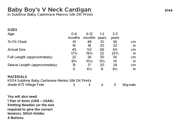 Sirdar Sublime 6144 Baby Boy's V Neck Cardigan in Baby Cashmere Merino Silk DK Prints (PDF) Knit in a Box