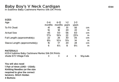 Sirdar Sublime 6144 Baby Boy's V Neck Cardigan in Baby Cashmere Merino Silk DK Prints (PDF) Knit in a Box