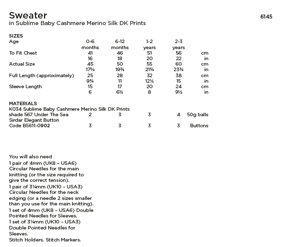 Sirdar Sublime 6145 Baby's Sweater in Baby Cashmere Merino Silk DK Prints (PDF) Knit in a Box