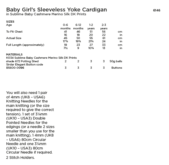 Sirdar Sublime 6146 Baby Girl's Sleeveless Yoke Cardigan in Baby Cashmere Merino Silk DK Prints (PDF) Knit in a Box