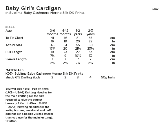 Sirdar Sublime 6147 Baby Girl's Cardigan in Baby Cashmere Merino Silk DK Prints (PDF) Knit in a Box