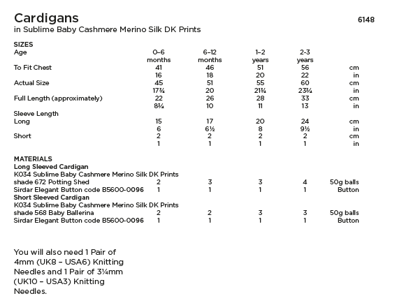 Sirdar Sublime 6148 Baby's Cardigans in Baby Cashmere Merino Silk DK Prints (PDF) Knit in a Box