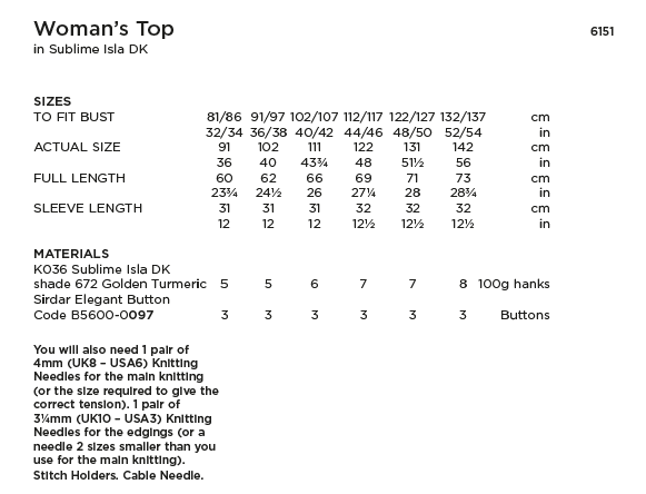 Sirdar Sublime 6151 Ladies Top in Sublime Isla DK (PDF) Knit in a Box