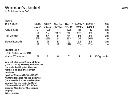 Sirdar Sublime 6153 Ladies Jacket in Sublime Isla DK (PDF) Knit in a Box