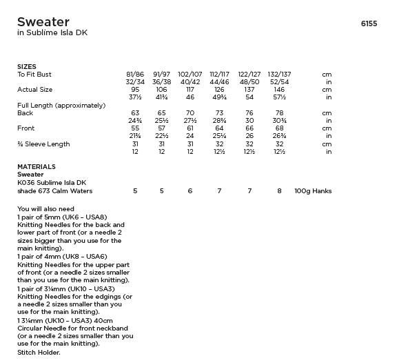 Sirdar Sublime 6155 Ladies Sweater in Sublime Isla DK (PDF) Knit in a Box